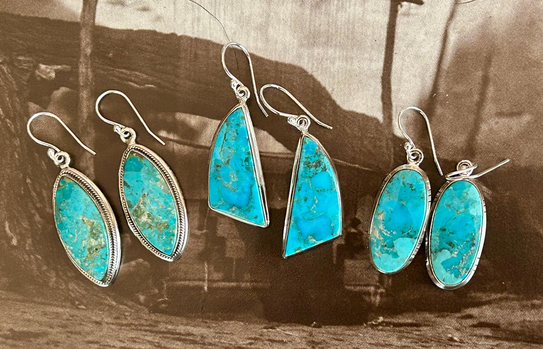 Genuine Kingman Dangle Earrings Sterling Silver Southwestern Handmade