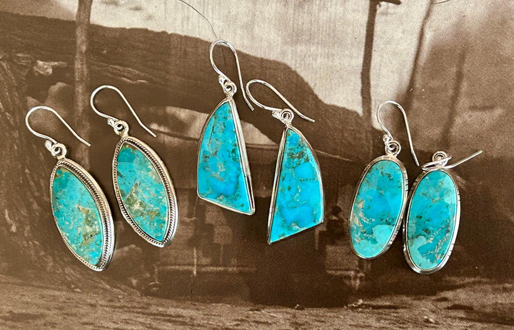 Genuine Kingman Dangle Earrings Sterling Silver Southwestern Handmade