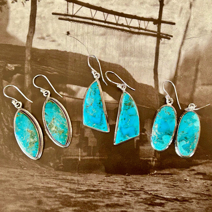 Genuine Kingman Dangle Earrings Sterling Silver Southwestern Handmade