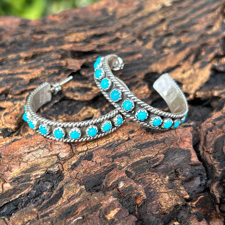 Snake Eye Turquoise Hoop Earrings Sterling Silver Kingman Turquoise Earrings Hoops Kingman Turquoise Earrings 1.25" Navajo Made Signed