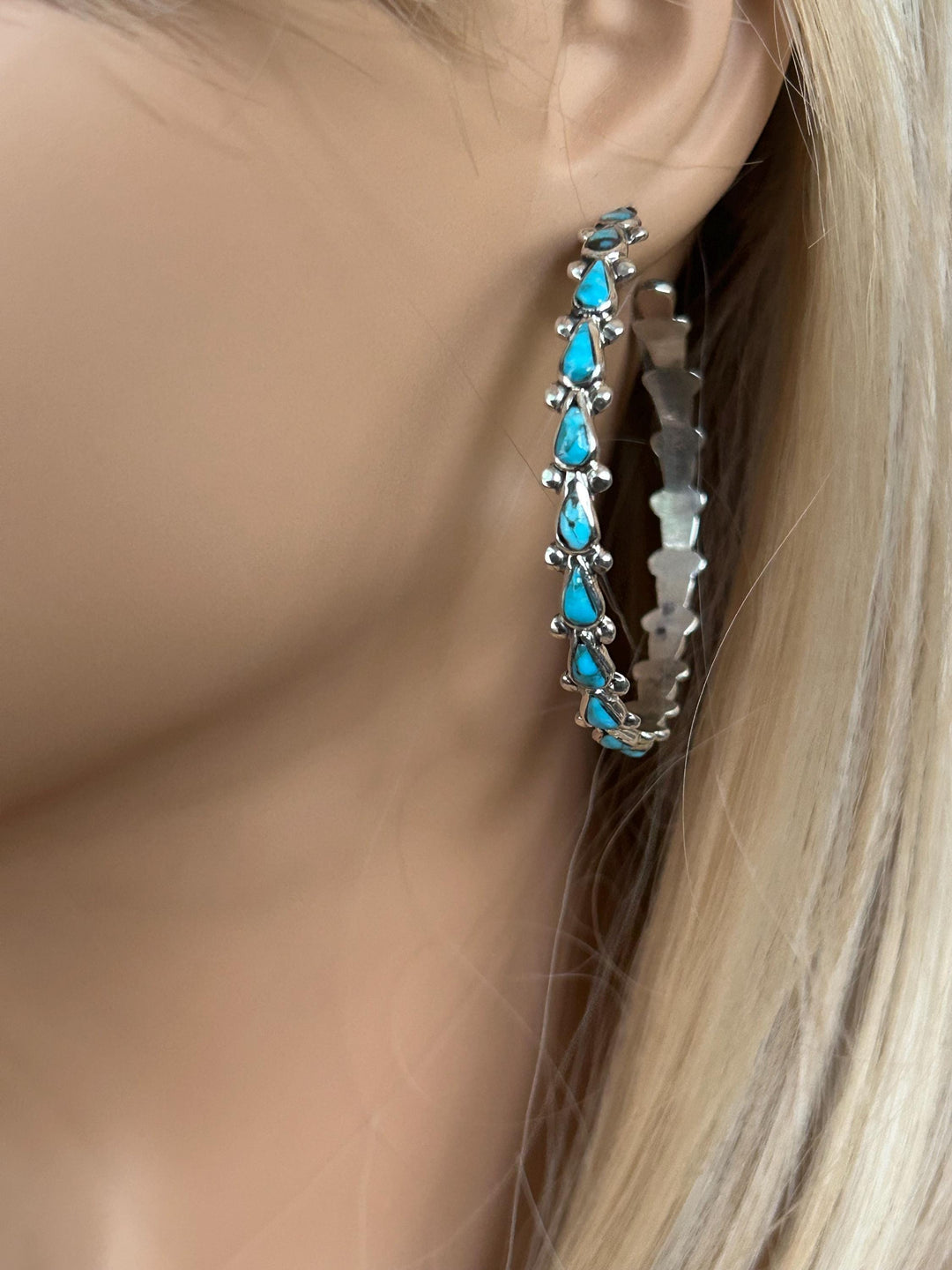 Kingman Teardrop Turquoise Hoop Earrings 2.25"