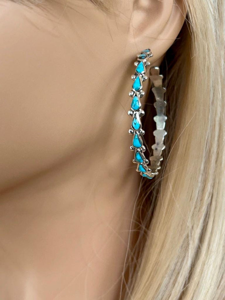 Kingman Teardrop Turquoise Hoop Earrings 2.25"