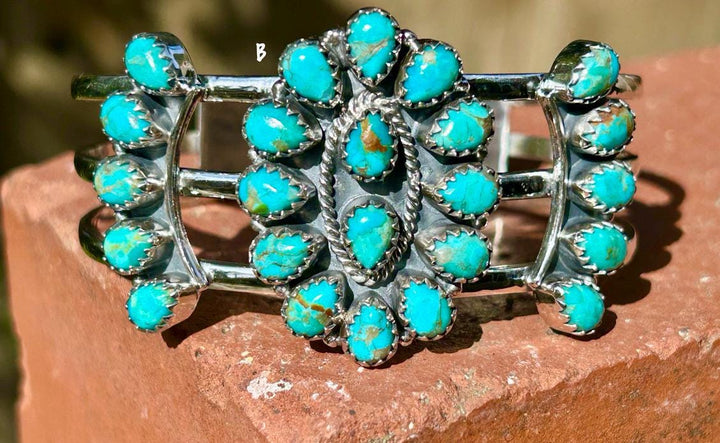 Kingman Turquoise Cluster Bracelet Kingman Sterling Silver Cluster Cuff Western Southwestern Jewelry Squash Blossom Turquoise Cluster Cuff