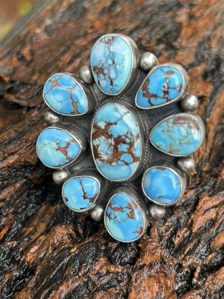 Golden Hills Turquoise Cluster Ring - Navajo Sterling Silver Adjustable
