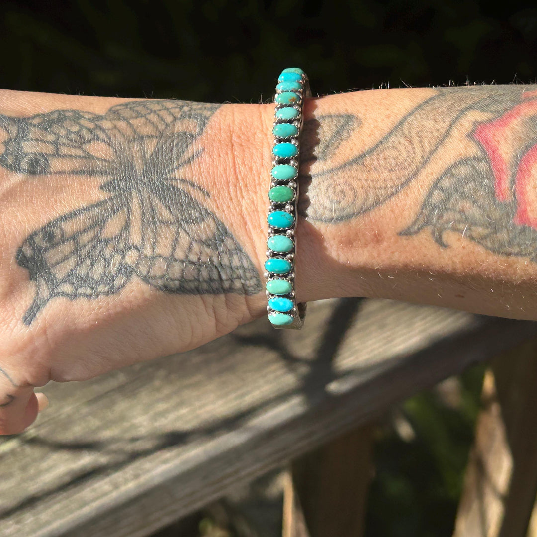Kingman Turquoise Bracelet, Sterling Silver Cuff, Navajo Handmade, Signed L James, Collectible Quality