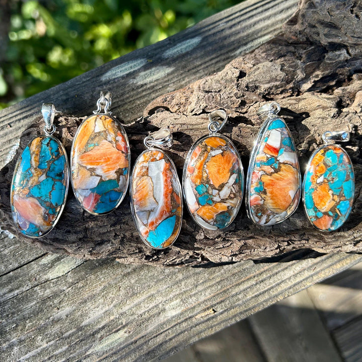 Turquoise Spiny Oyster Pendant Necklace: Sterling Silver Chain