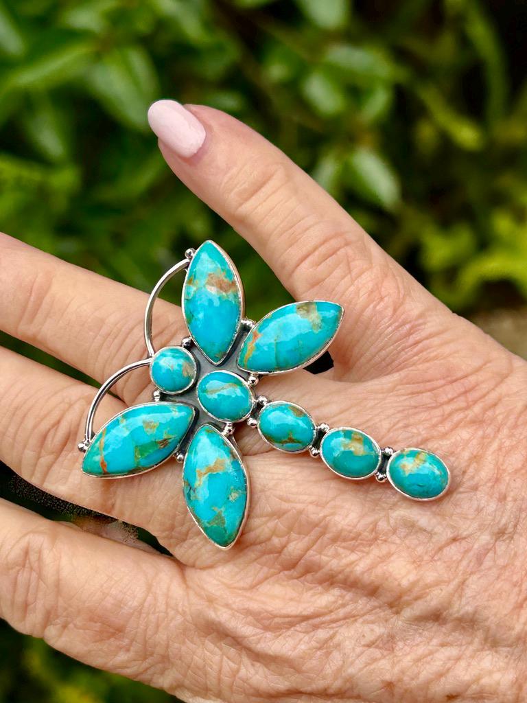Kingman Dragonfly Turquoise Ring Sterling Silver Turquoise Ring Turquoise Dragonfly Ring Artisan Crafted Southwestern Style Ring Adjustable