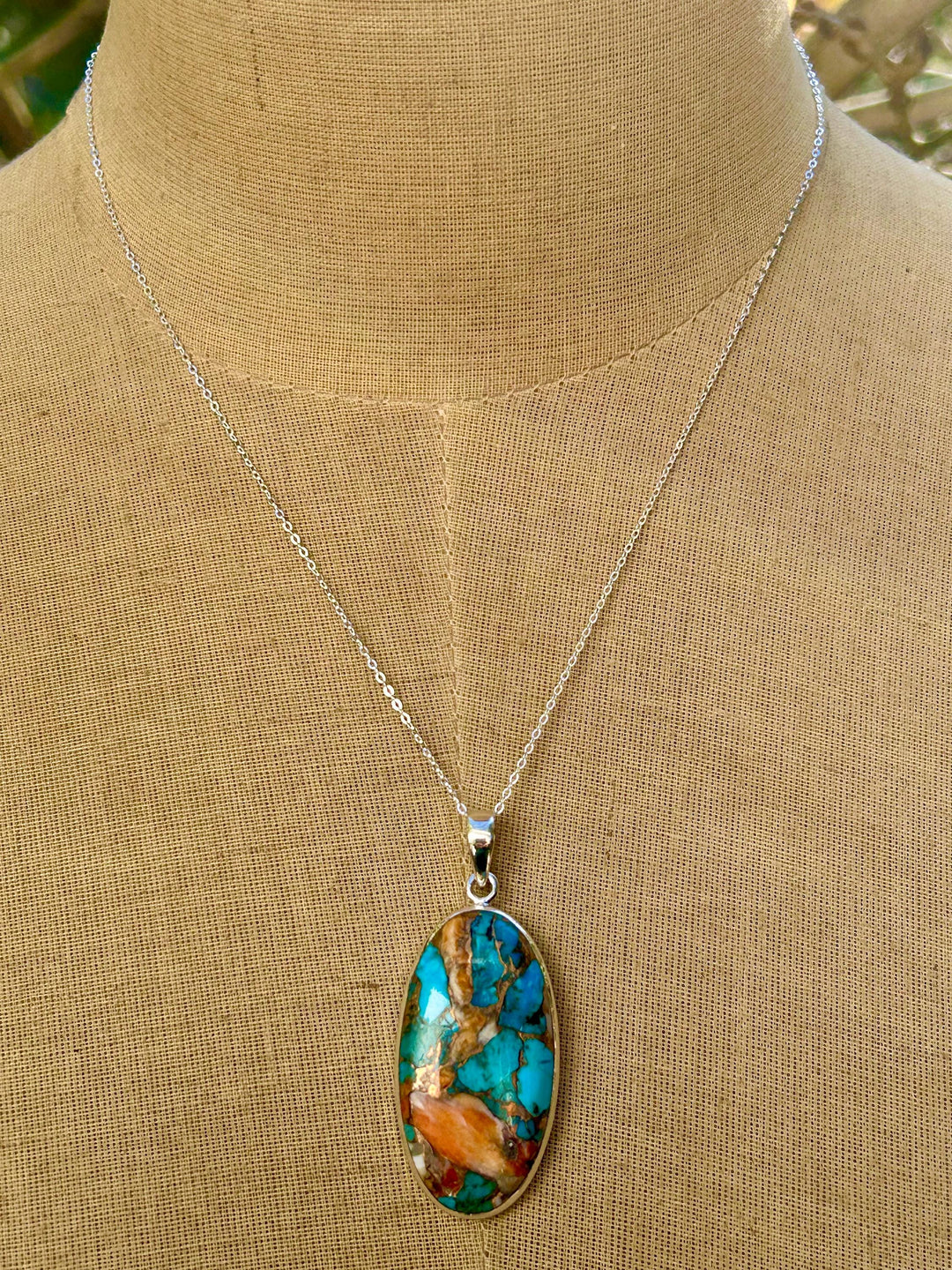 Turquoise Spiny Oyster Pendant Necklace: Sterling Silver Chain