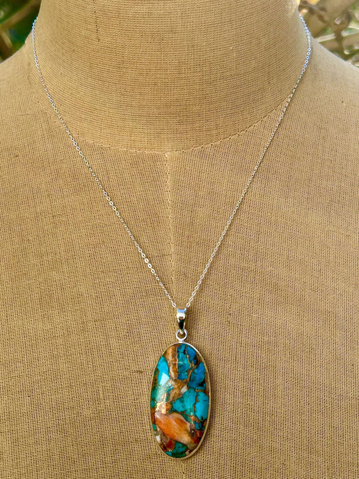 Turquoise Spiny Oyster Pendant Necklace: Sterling Silver Chain