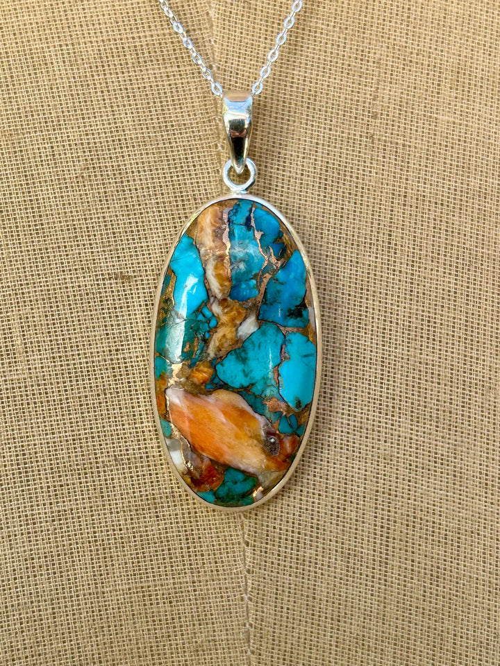Turquoise Spiny Oyster Pendant Necklace: Sterling Silver Chain
