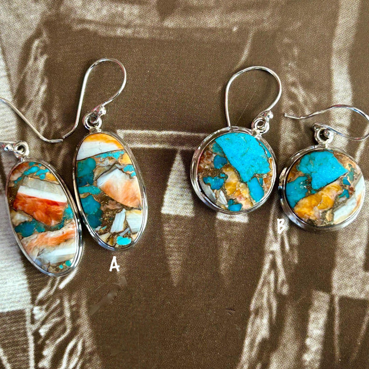 Turquoise & Spiny Oyster Sterling Silver Dangle Earrings: Southwestern Style