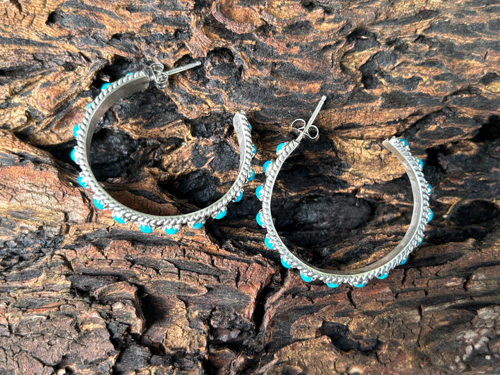 Snake Eye Turquoise Hoop Earrings Sterling Silver Kingman Turquoise Earrings Hoops Kingman Turquoise Earrings 1.25" Navajo Made Signed