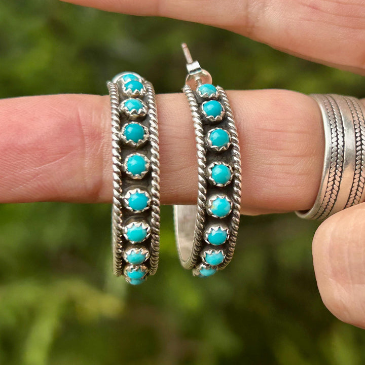 Snake Eye Turquoise Hoop Earrings Sterling Silver Kingman Turquoise Earrings Hoops Kingman Turquoise Earrings 1.25" Navajo Made Signed