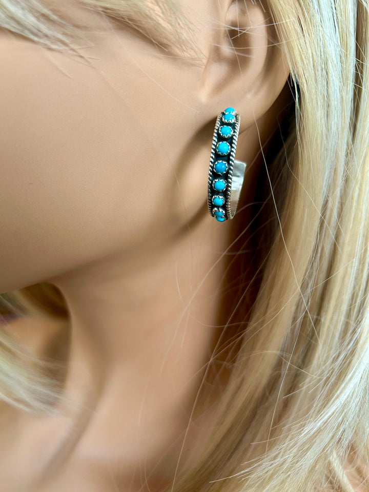 Snake Eye Turquoise Hoop Earrings Sterling Silver Kingman Turquoise Earrings Hoops Kingman Turquoise Earrings 1.25" Navajo Made Signed