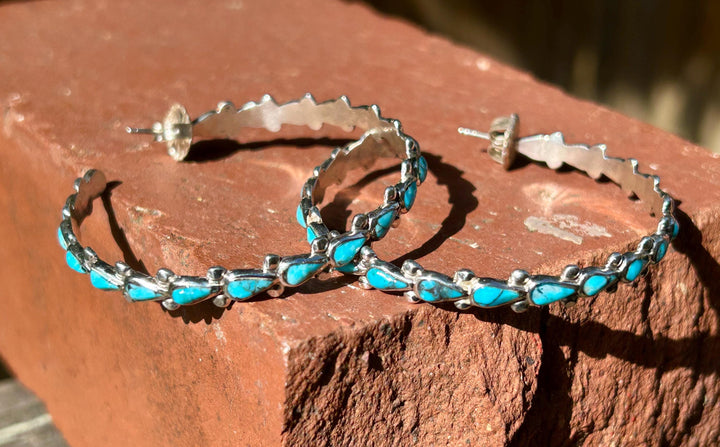Kingman Teardrop Turquoise Hoop Earrings 2.25"