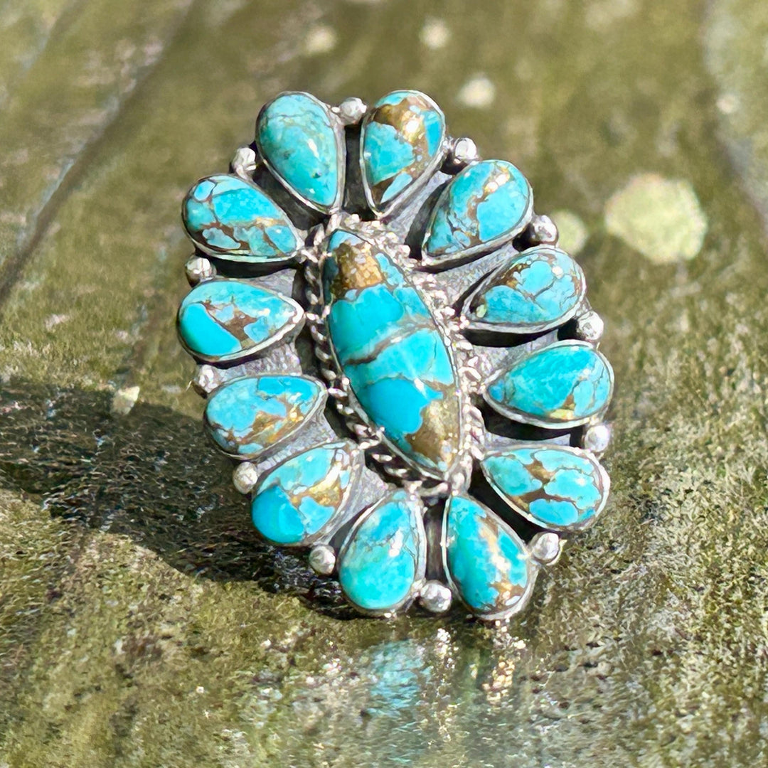 Turquoise Copper Sterling Silver Cluster Ring Western Southwestern Jewelry