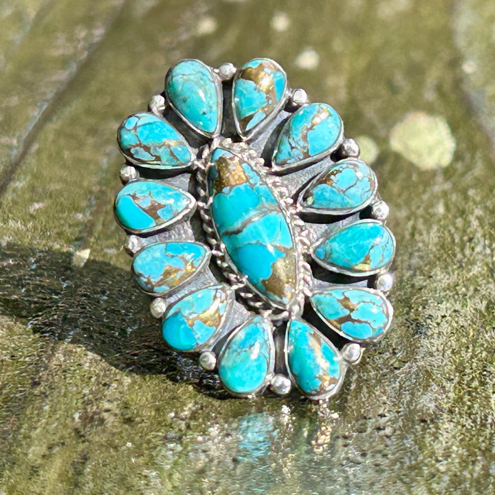 Turquoise Copper Sterling Silver Cluster Ring Western Southwestern Jewelry