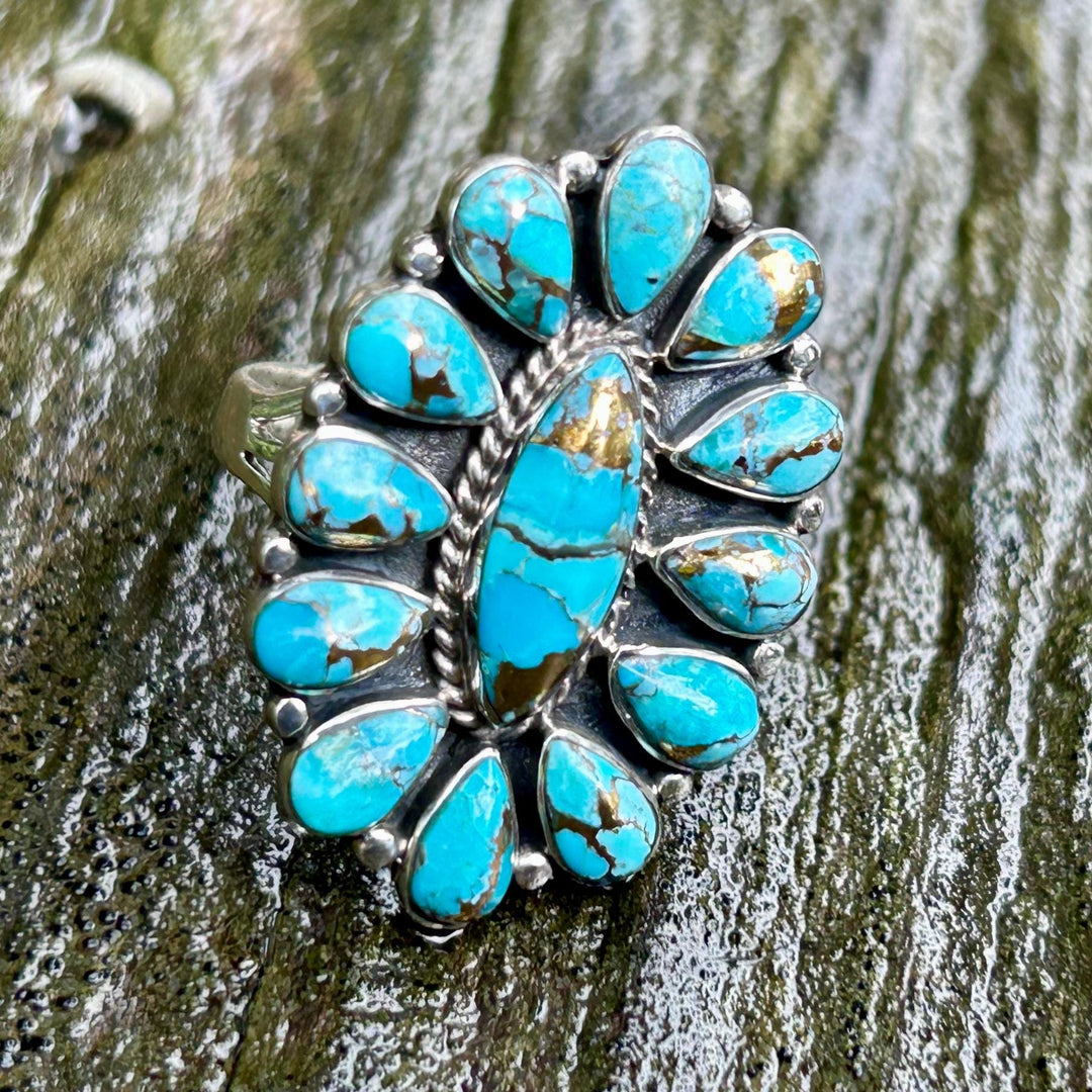 Turquoise Copper Sterling Silver Cluster Ring Western Southwestern Jewelry