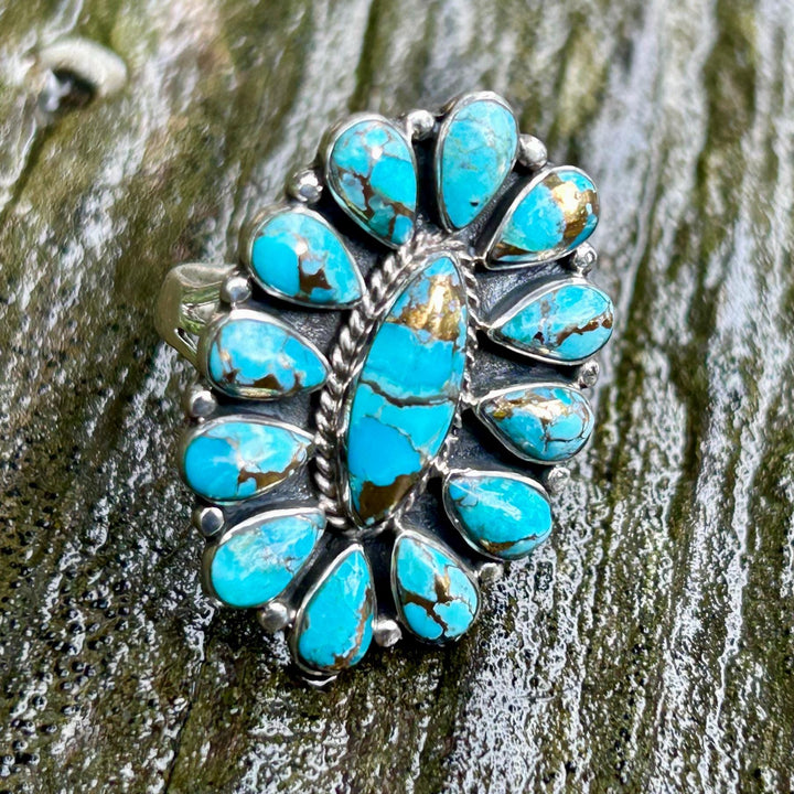 Turquoise Copper Sterling Silver Cluster Ring Western Southwestern Jewelry