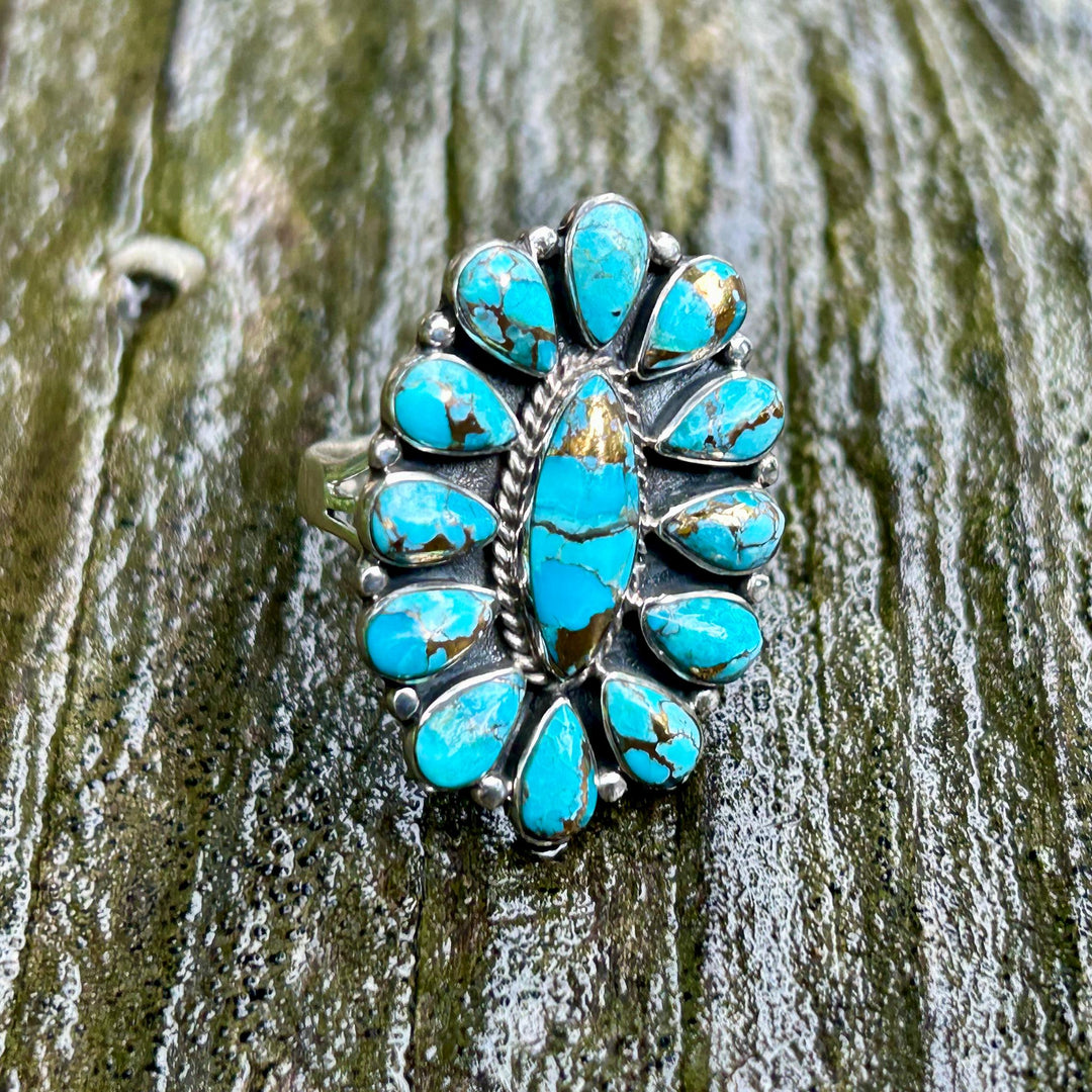 Turquoise Copper Sterling Silver Cluster Ring Western Southwestern Jewelry
