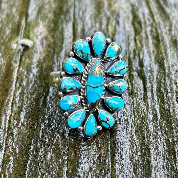 Turquoise Copper Sterling Silver Cluster Ring Western Southwestern Jewelry