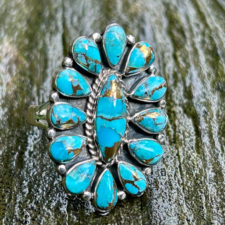 Turquoise Copper Sterling Silver Cluster Ring Western Southwestern Jewelry