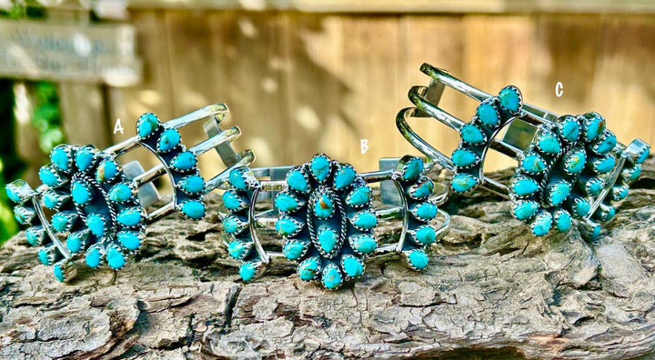 Kingman Turquoise Cluster Bracelet Kingman Sterling Silver Cluster Cuff Western Southwestern Jewelry Squash Blossom Turquoise Cluster Cuff
