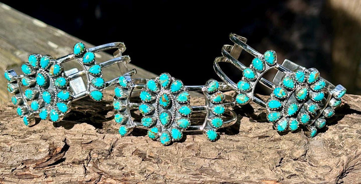 Kingman Turquoise Cluster Bracelet Kingman Sterling Silver Cluster Cuff Western Southwestern Jewelry Squash Blossom Turquoise Cluster Cuff