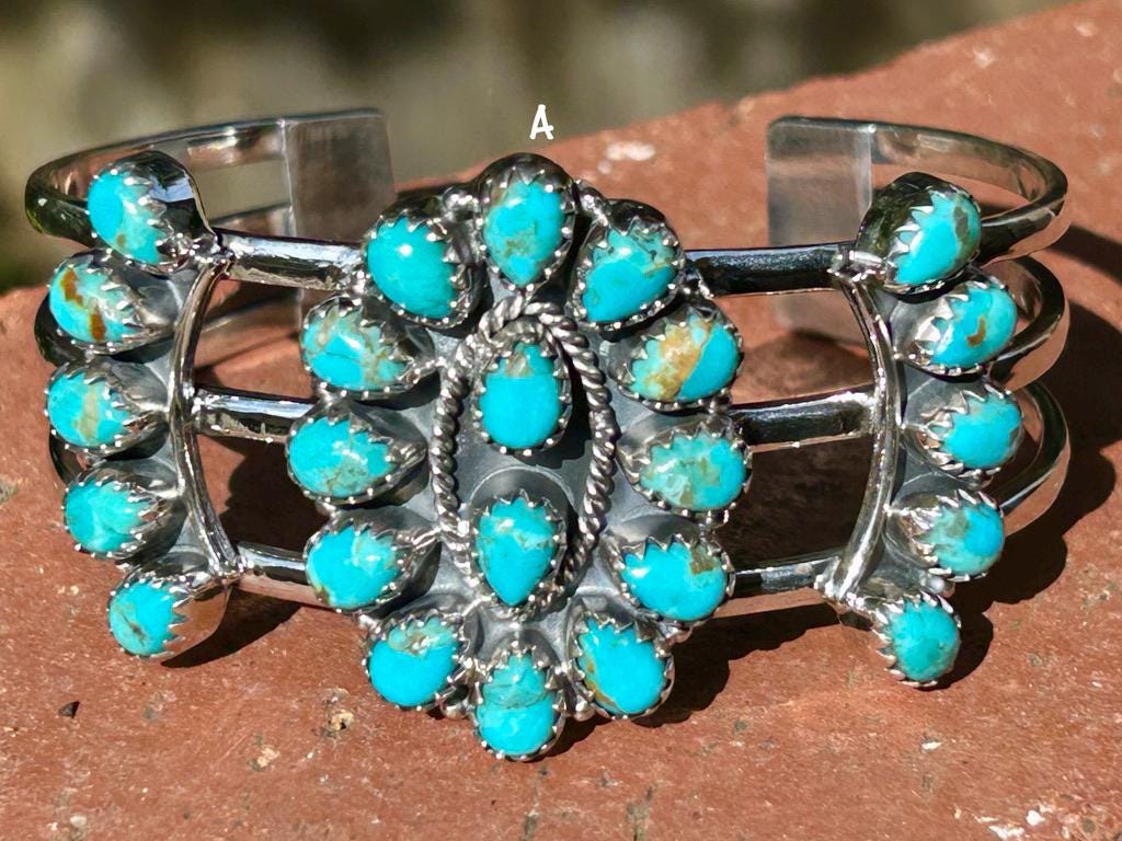 Kingman Turquoise Cluster Bracelet Kingman Sterling Silver Cluster Cuff Western Southwestern Jewelry Squash Blossom Turquoise Cluster Cuff