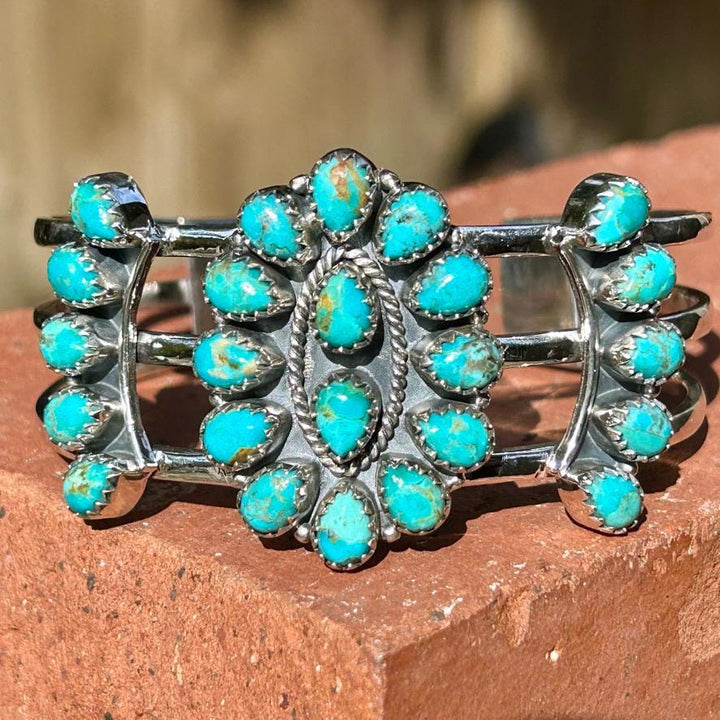 Kingman Turquoise Cluster Bracelet Kingman Sterling Silver Cluster Cuff Western Southwestern Jewelry Squash Blossom Turquoise Cluster Cuff
