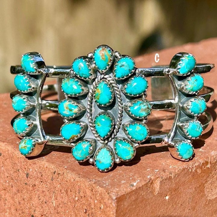 Kingman Turquoise Cluster Bracelet Kingman Sterling Silver Cluster Cuff Western Southwestern Jewelry Squash Blossom Turquoise Cluster Cuff
