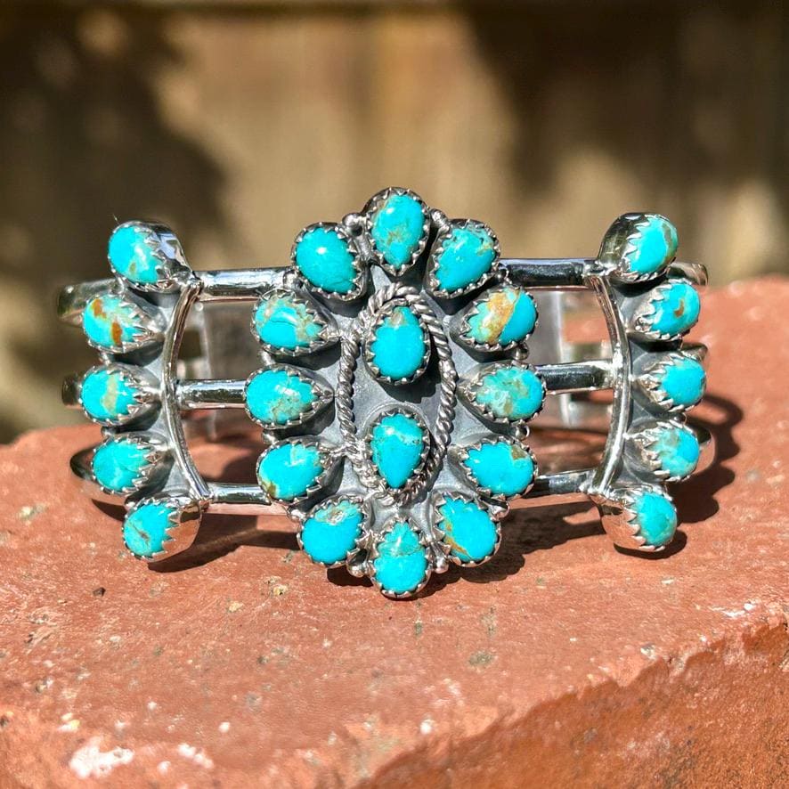Kingman Turquoise Cluster Bracelet Kingman Sterling Silver Cluster Cuff Western Southwestern Jewelry Squash Blossom Turquoise Cluster Cuff