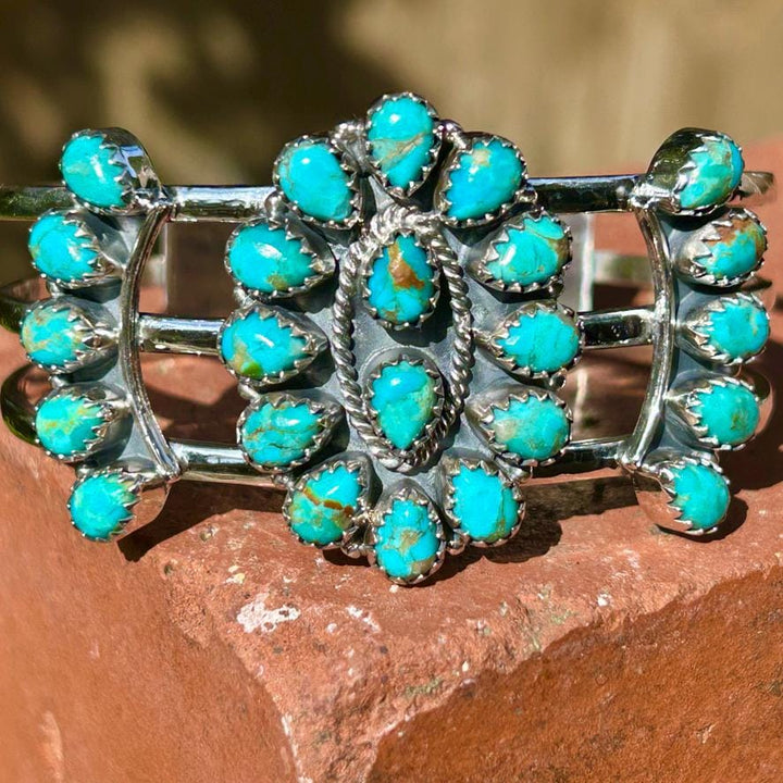 Kingman Turquoise Cluster Bracelet Kingman Sterling Silver Cluster Cuff Western Southwestern Jewelry Squash Blossom Turquoise Cluster Cuff