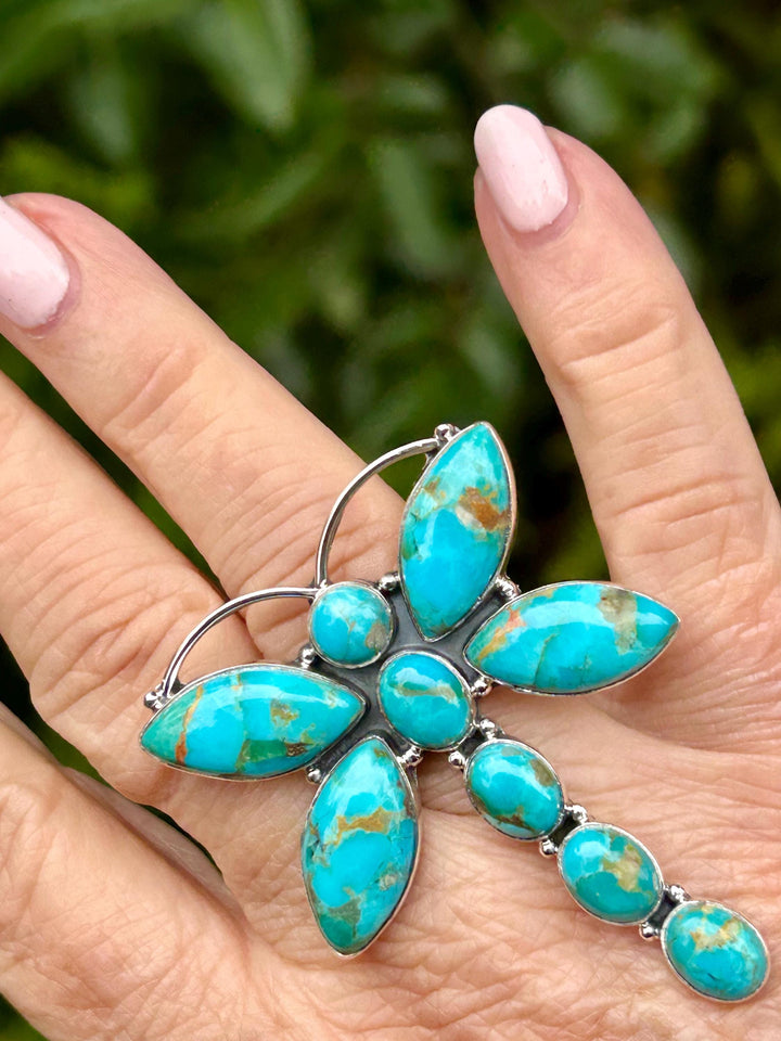 Kingman Dragonfly Turquoise Ring Sterling Silver Turquoise Ring Turquoise Dragonfly Ring Artisan Crafted Southwestern Style Ring Adjustable