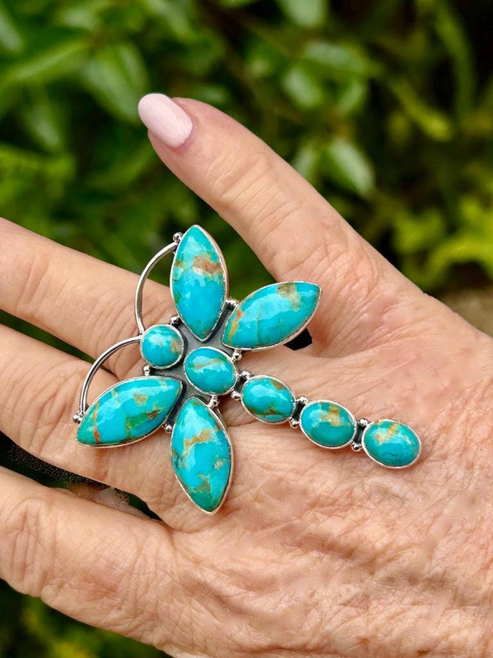 Kingman Dragonfly Turquoise Ring Sterling Silver Turquoise Ring Turquoise Dragonfly Ring Artisan Crafted Southwestern Style Ring Adjustable