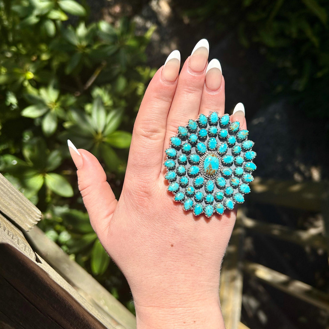 Kingman Turquoise Cluster Ring – Adjustable Southwest Jewelry, Sterling Silver Statement Ring