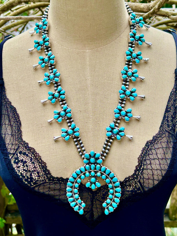 Kingman Turquoise Squash Blossom Necklace, Turquoise Cluster Necklace, Signed Hallmarked Sterling Turquoise Necklace, Southwestern Necklace