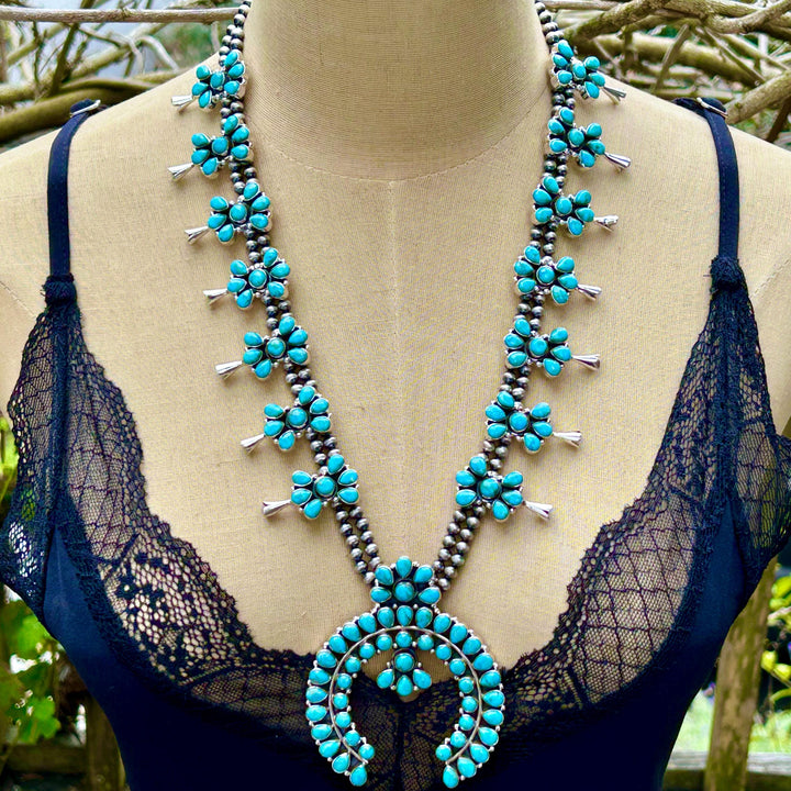 Kingman Turquoise Squash Blossom Necklace, Turquoise Cluster Necklace, Signed Hallmarked Sterling Turquoise Necklace, Southwestern Necklace