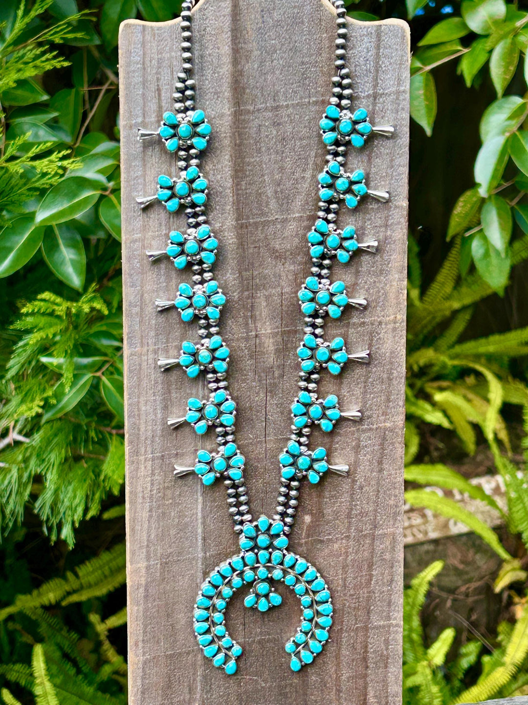 Kingman Turquoise Squash Blossom Necklace, Turquoise Cluster Necklace, Signed Hallmarked Sterling Turquoise Necklace, Southwestern Necklace