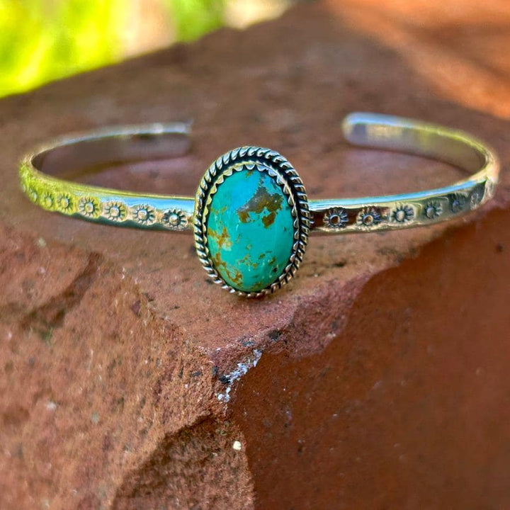 Kingman Turquoise Sterling Silver Cuff Bracelet: Southwestern Stamped Design