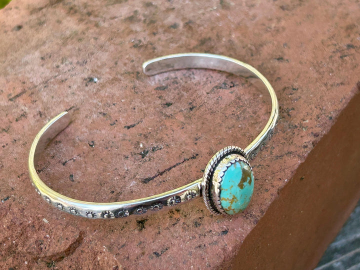 Kingman Turquoise Sterling Silver Cuff Bracelet: Southwestern Stamped Design