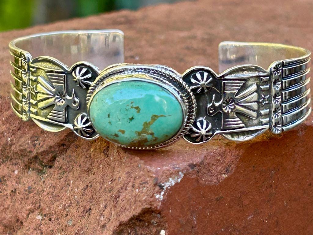 Kingman Turquoise Thunderbird Bracelet Cuff Handmade Stamped Sterling Signed Turquoise Cuff Thunderbird Cuff Turquoise Bracelet Southwest
