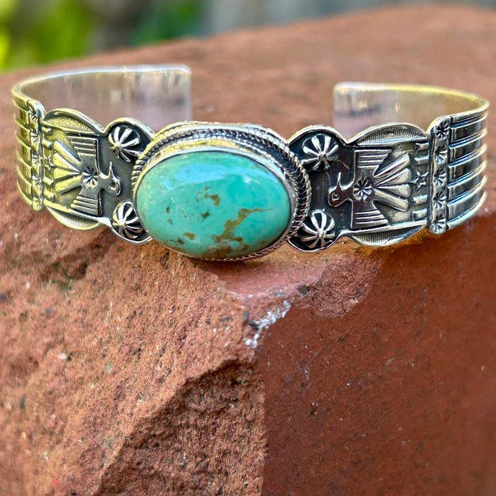 Kingman Turquoise Thunderbird Bracelet Cuff Handmade Stamped Sterling Signed Turquoise Cuff Thunderbird Cuff Turquoise Bracelet Southwest