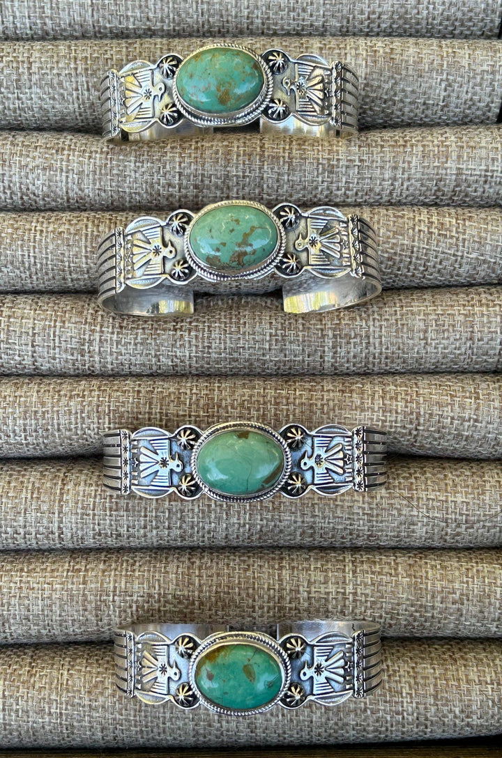 Kingman Turquoise Thunderbird Bracelet Cuff Handmade Stamped Sterling Signed Turquoise Cuff Thunderbird Cuff Turquoise Bracelet Southwest