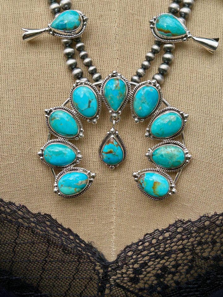 Kingman Turquoise Squash Blossom Necklace, Turquoise Necklace, Signed Hallmarked Sterling Southwestern Necklace, Handmade Squash Blossom