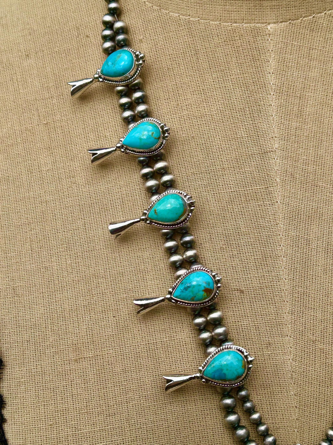 Kingman Turquoise Squash Blossom Necklace, Turquoise Necklace, Signed Hallmarked Sterling Southwestern Necklace, Handmade Squash Blossom