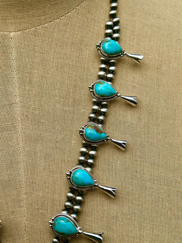 Kingman Turquoise Squash Blossom Necklace, Turquoise Necklace, Signed Hallmarked Sterling Southwestern Necklace, Handmade Squash Blossom