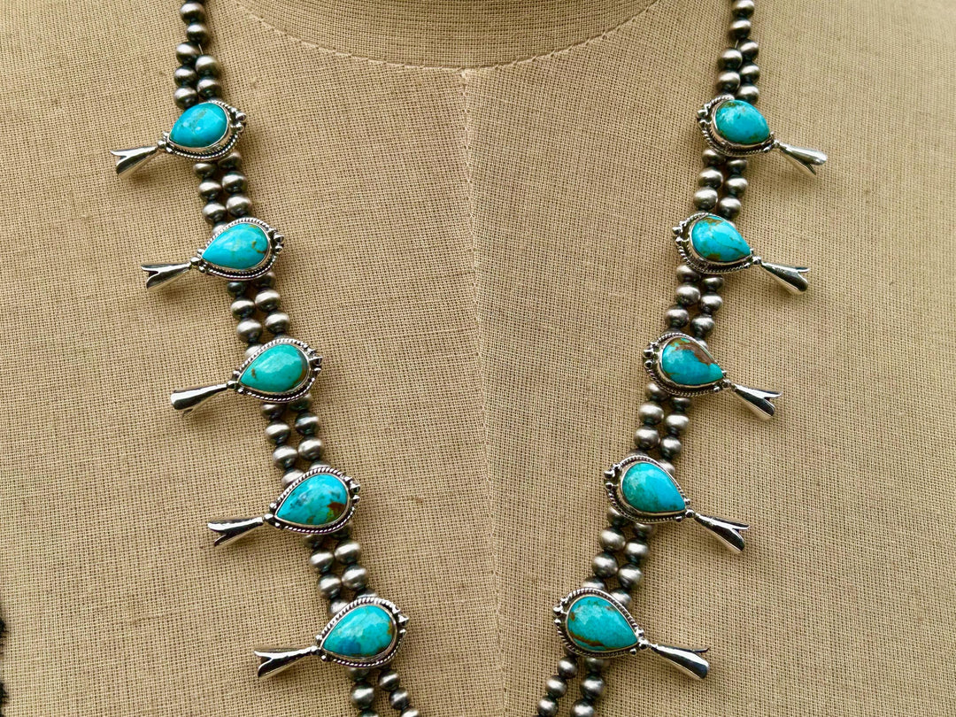 Kingman Turquoise Squash Blossom Necklace, Turquoise Necklace, Signed Hallmarked Sterling Southwestern Necklace, Handmade Squash Blossom