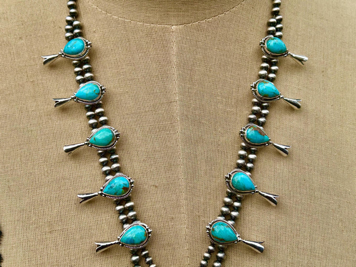 Kingman Turquoise Squash Blossom Necklace, Turquoise Necklace, Signed Hallmarked Sterling Southwestern Necklace, Handmade Squash Blossom