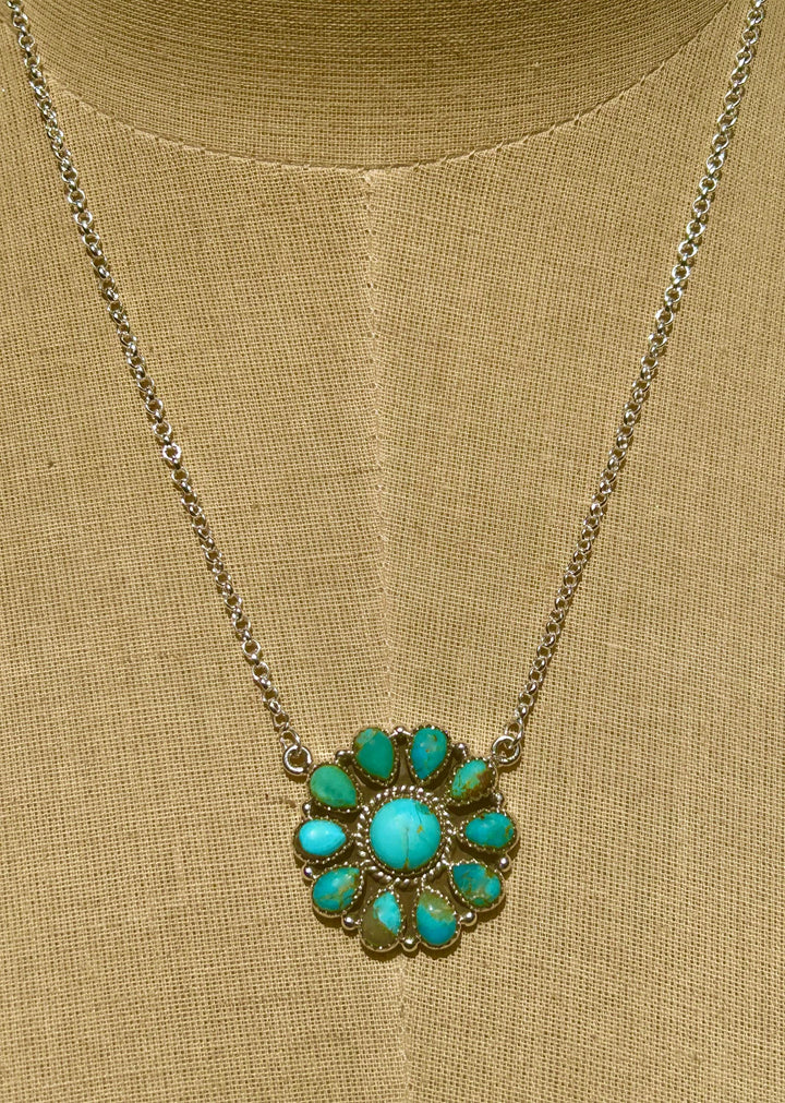 Kingman Turquoise Cluster Necklace: Sterling Silver, Southwestern Flower Pendant